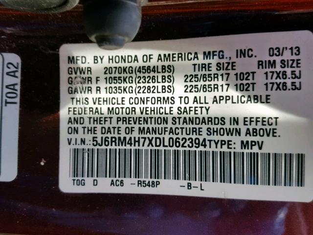 5J6RM4H7XDL062394 - 2013 HONDA CR-V EXL BURGUNDY photo 10