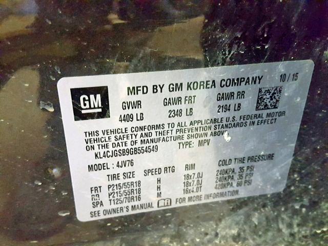 KL4CJGSB9GB554549 - 2016 BUICK ENCORE GRAY photo 10