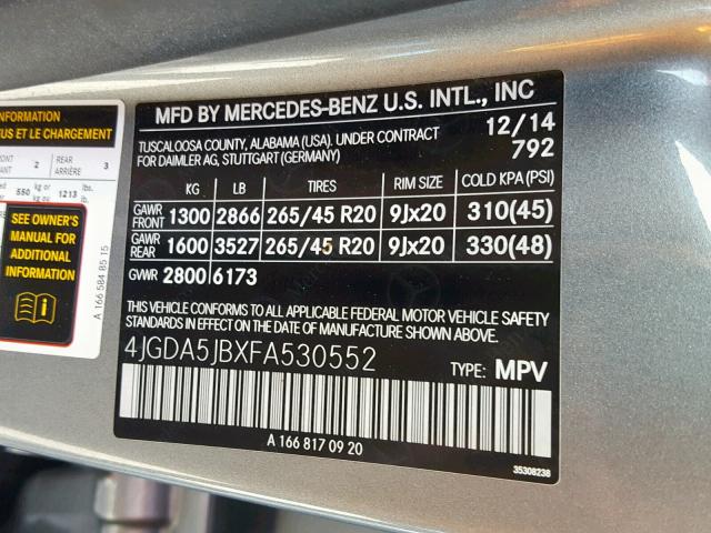 4JGDA5JBXFA530552 - 2015 MERCEDES-BENZ ML 350 SILVER photo 10