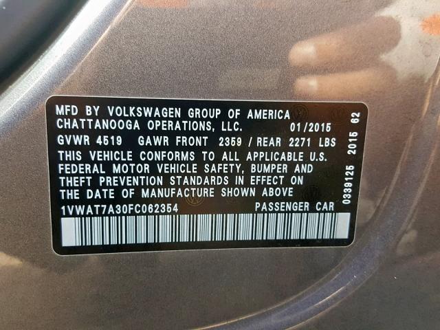 1VWAT7A30FC062354 - 2015 VOLKSWAGEN PASSAT S GRAY photo 10