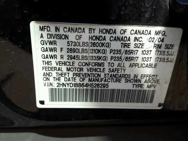 2HNYD18864H526295 - 2004 ACURA MDX TOURIN BLACK photo 10