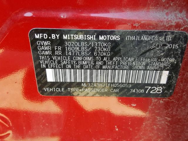 ML32A3HJ1FH056059 - 2015 MITSUBISHI MIRAGE DE RED photo 10