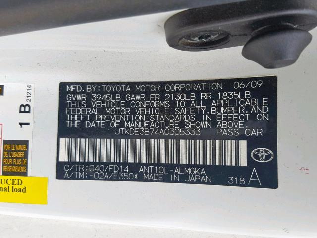JTKDE3B74A0305333 - 2010 TOYOTA SCION TC თეთრი ფოტო 10
