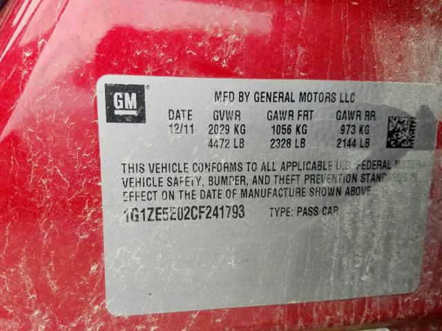 1G1ZE5E02CF241793 - 2012 CHEVROLET MALIBU LTZ 红色 照片 10