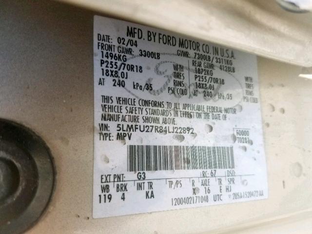 5LMFU27R84LJ22892 - 2004 LINCOLN NAVIGATOR ოქროსფერი ფოტო 10