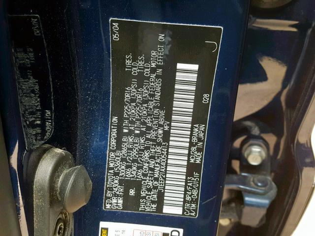 JTEEP21AX40054413 - 2004 TOYOTA HIGHLANDER BLUE photo 10