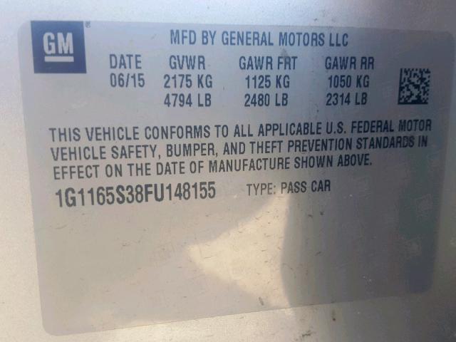 1G1165S38FU148155 - 2015 CHEVROLET IMPALA LTZ SILVER photo 10