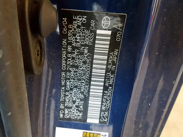 JTKDE177X50007517 - 2005 TOYOTA SCION TC BLUE photo 10