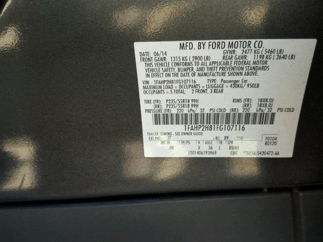 1FAHP2H81FG107116 - 2015 FORD TAURUS SEL GRAY photo 10