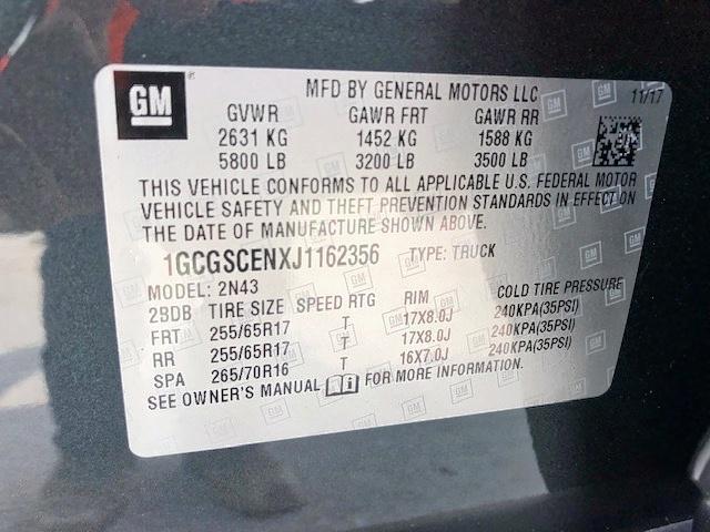 1GCGSCENXJ1162356 - 2018 CHEVROLET COLORADO L GRAY photo 10