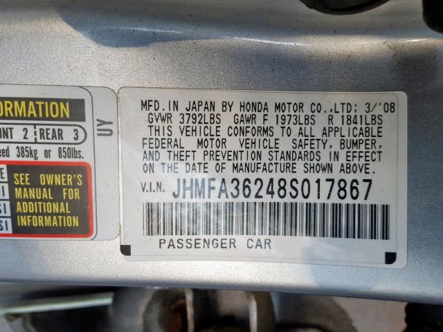 JHMFA36248S017867 - 2008 HONDA CIVIC HYBR SILVER photo 10