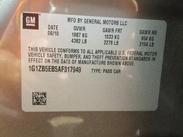 1G1ZB5EB5AF317949 - 2010 CHEVROLET MALIBU LS TAN photo 10