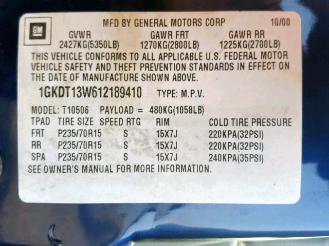 1GKDT13W612189410 - 2001 GMC JIMMY BLUE photo 10