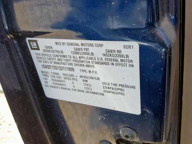 1GKDT13S122111809 - 2002 GMC ENVOY BLUE photo 10