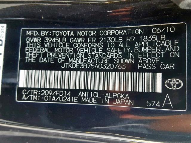 JTKDE3B75A0320763 - 2010 TOYOTA SCION TC შავი ფოტო 10