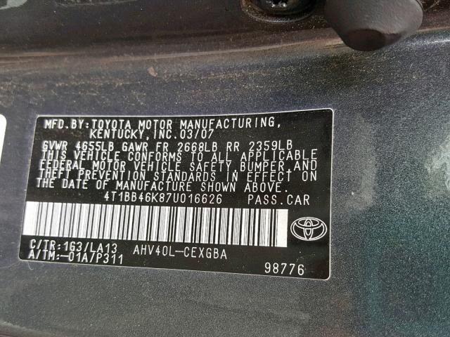 4T1BB46K87U016626 - 2007 TOYOTA CAMRY NEW GRAY photo 10