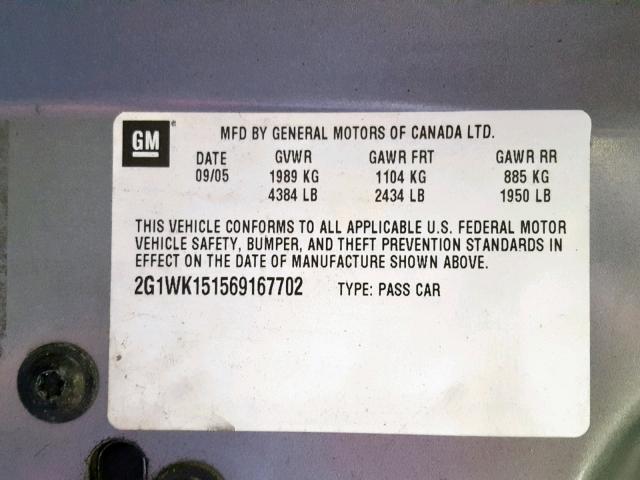 2G1WK151569167702 - 2006 CHEVROLET MONTE CARL ნაცრისფერი ფოტო 10