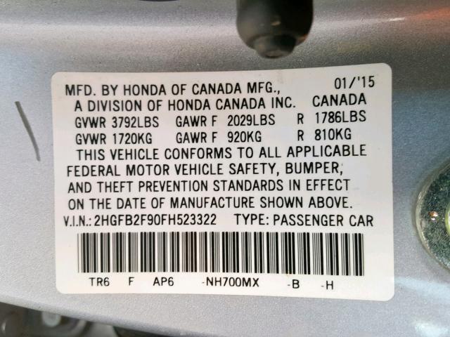 2HGFB2F90FH523322 - 2015 HONDA CIVIC EXL 银色 照片 10