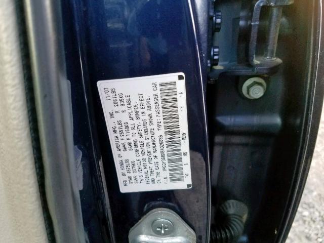 1HGCP368X8A020089 - 2008 HONDA ACCORD EXL BLUE photo 10