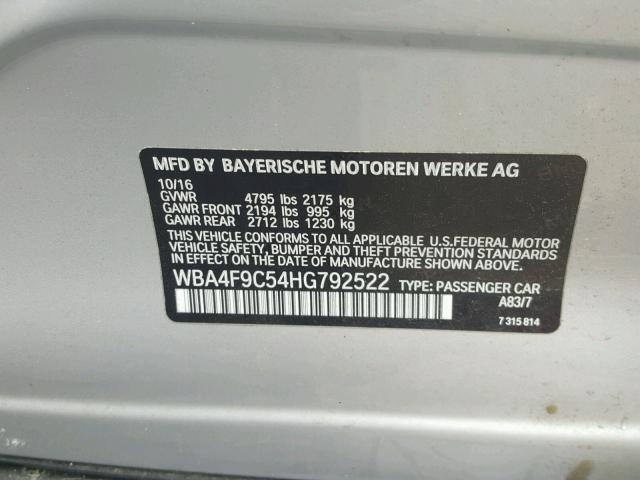 WBA4F9C54HG792522 - 2017 BMW 430XI GRAN SILVER photo 10