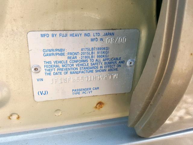 JF1SF65571H742774 - 2001 SUBARU FORESTER S GOLD photo 10