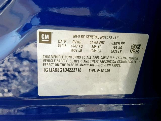 1G1JA6SG1D4223718 - 2013 CHEVROLET SONIC LS BLUE photo 10