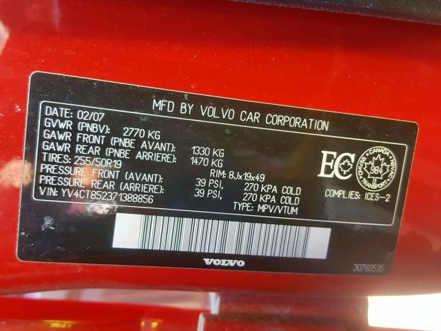 YV4CT852371388856 - 2007 VOLVO XC90 SPORT RED photo 10