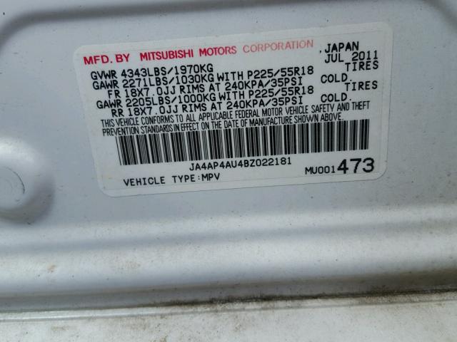 JA4AP4AU4BZ022181 - 2011 MITSUBISHI OUTLANDER WHITE photo 10