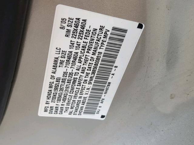 5FNRL38856B008518 - 2006 HONDA ODYSSEY TO SILVER photo 10