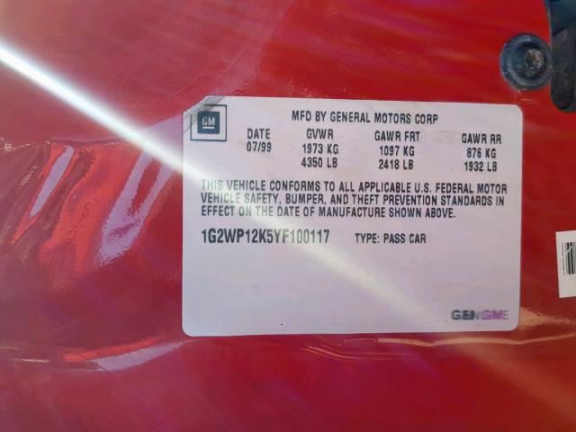 1G2WP12K5YF100117 - 2000 PONTIAC GRAND PRIX RED photo 10