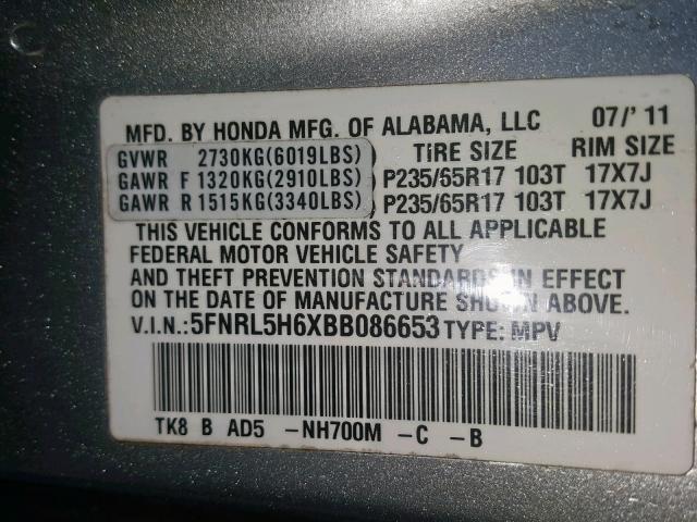 5FNRL5H6XBB086653 - 2011 HONDA ODYSSEY EX GRAY photo 10