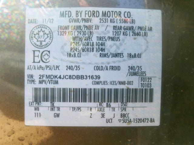 2FMDK4JC8DBB31639 - 2013 FORD EDGE SEL BROWN photo 10