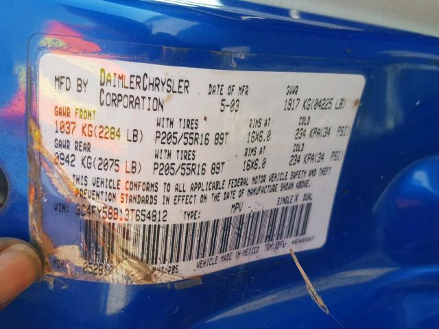 3C4FY58B13T654812 - 2003 CHRYSLER PT CRUISER BLUE photo 10