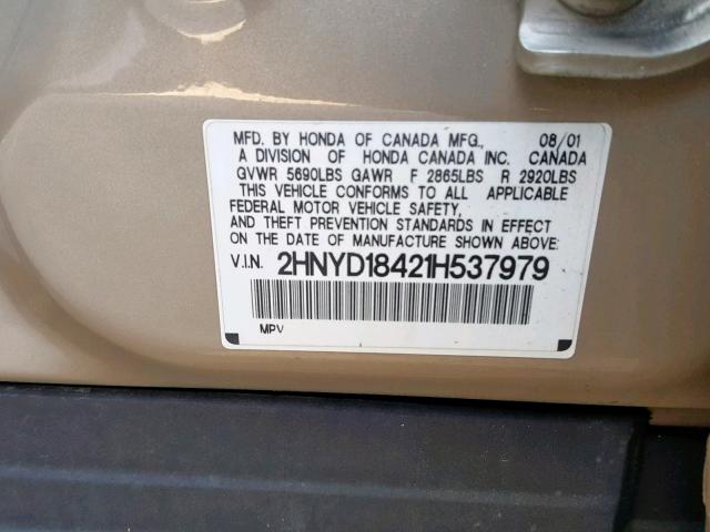 2HNYD18421H537979 - 2001 ACURA MDX GOLD photo 10