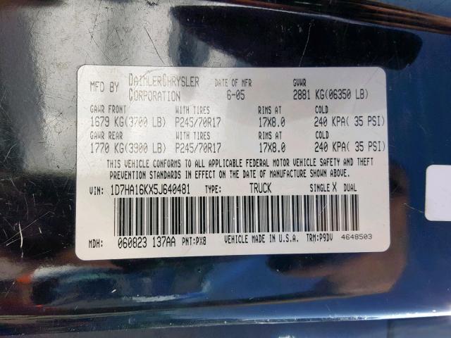 1D7HA16KX5J640481 - 2005 DODGE RAM 1500 S BLACK photo 10