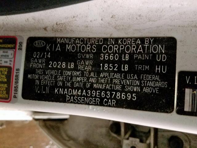 KNADM4A39E6378695 - 2014 KIA RIO LX WHITE photo 10