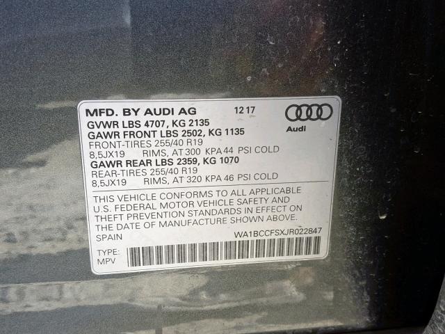 WA1BCCFSXJR022847 - 2018 AUDI Q3 PREMIUM GRAY photo 10