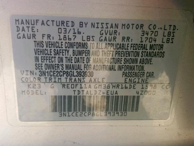 3N1CE2CP8GL393930 - 2016 NISSAN VERSA NOTE SILVER photo 10