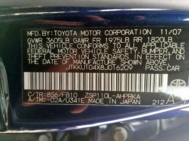 JTKKU104X8J016209 - 2008 TOYOTA SCION XD BLUE photo 10