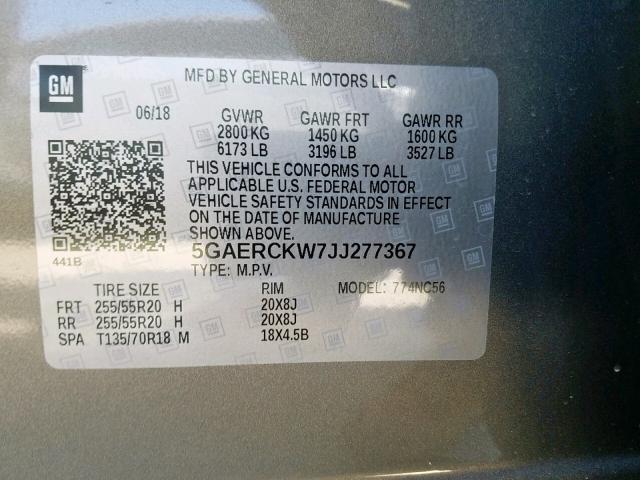 5GAERCKW7JJ277367 - 2018 BUICK ENCLAVE PR BROWN photo 10