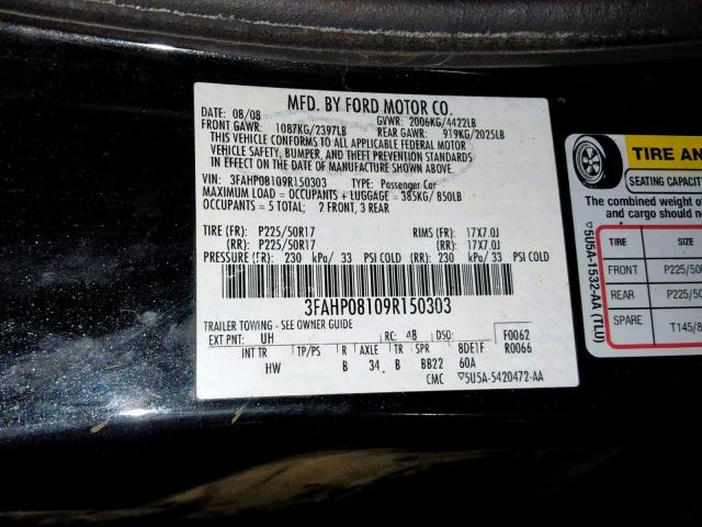 3FAHP08109R150303 - 2009 FORD FUSION SEL BLACK photo 10