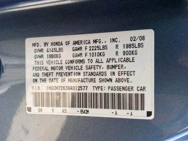 1HGCM72636A012577 - 2006 HONDA ACCORD GRAY photo 10