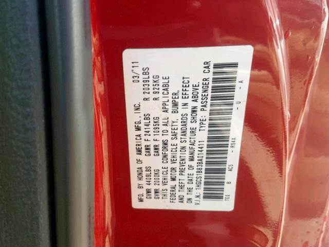 1HGCS1B83BA014411 - 2011 HONDA ACCORD EXL RED photo 10