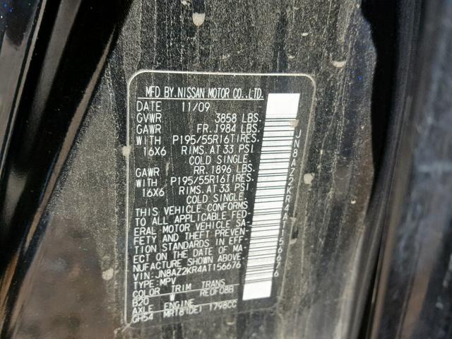 JN8AZ2KR4AT156676 - 2010 NISSAN CUBE BASE BLACK photo 10