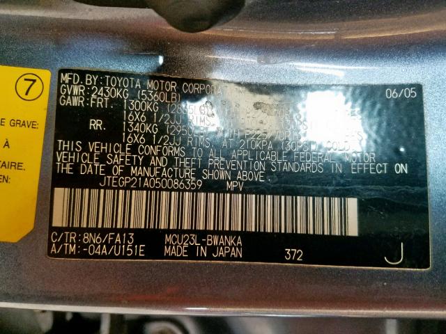 JTEGP21A050086359 - 2005 TOYOTA HIGHLANDER BLUE photo 10