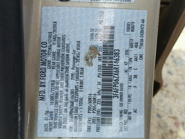 3FAFP06ZX6R146383 - 2006 FORD FUSION S GOLD photo 10