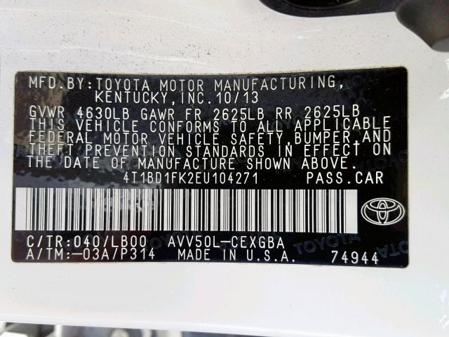 4T1BD1FK2EU104271 - 2014 TOYOTA CAMRY HYBR WHITE photo 10