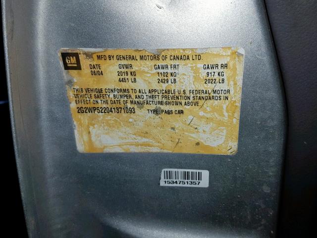 2G2WP522041371093 - 2004 PONTIAC GRAND PRIX SILVER photo 10