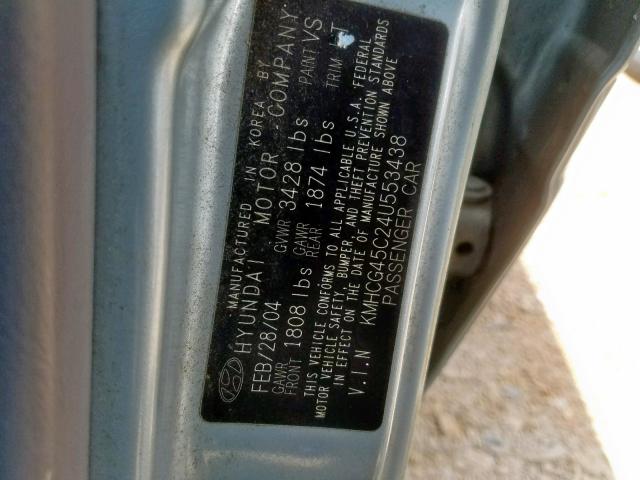 KMHCG45C24U553438 - 2004 HYUNDAI ACCENT GL SILVER photo 10