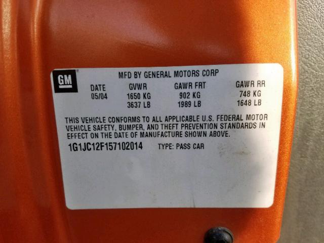 1G1JC12F157102014 - 2005 CHEVROLET CAVALIER ORANGE photo 10